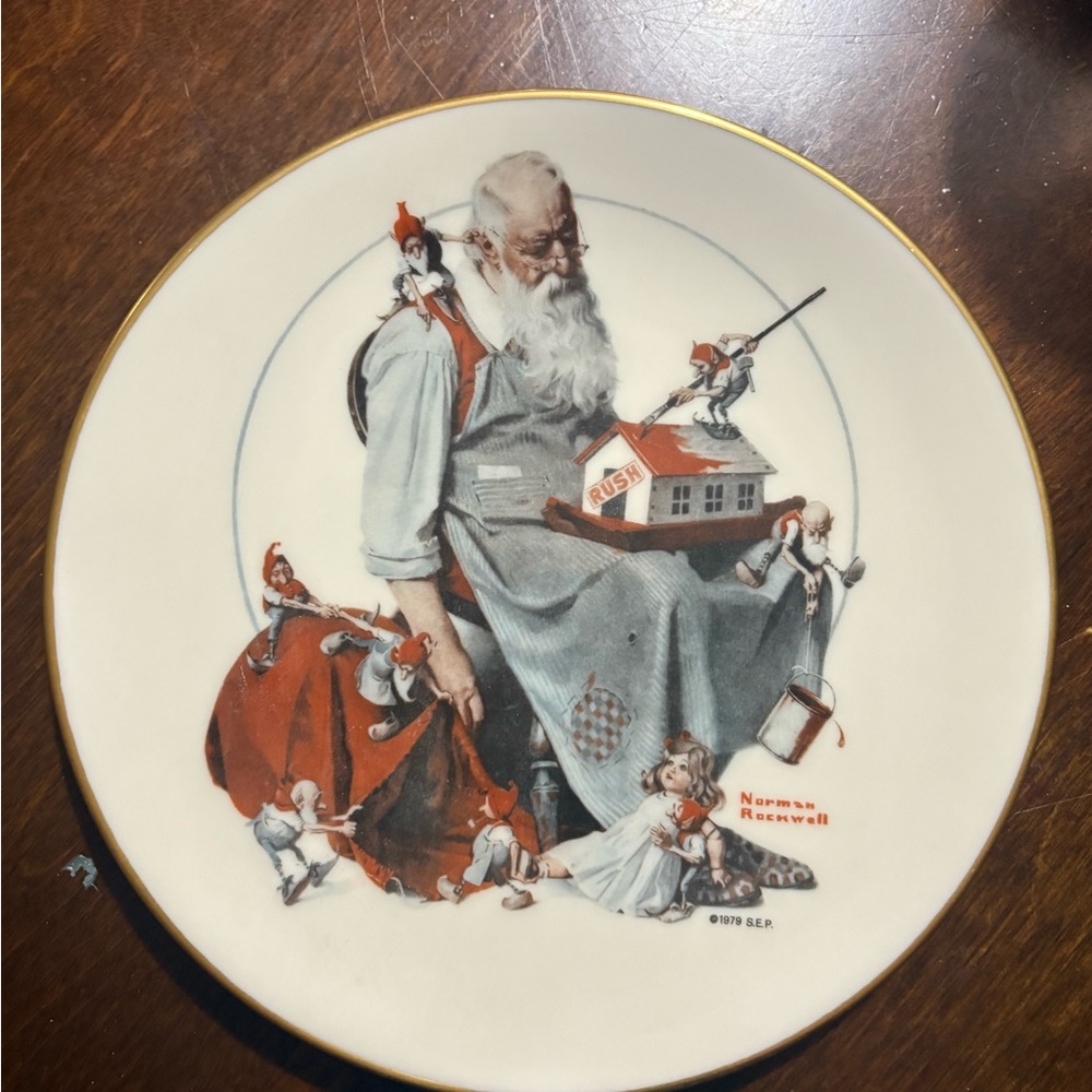 Norman Rockwell Christmas Plate with White, Gold, Brown Accents